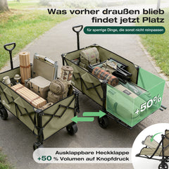 Sekey Bollerwagen faltbar bis 150 kg, 160–240 L Handwagen mit erweiterbarer Heckklappe, faltbarer Transportwagen mit 360° Rädern & Bremse, 600D Oxford-Stoff, für Garten, Camping & Hund, 3027
