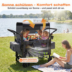 Sekey Kinder-Bollerwagen 7070, faltbar, mit Zwillingsmodus Face-to-Face & Back-to-Back, 80 kg Tragkraft, 5-Punkt-Gurt, 4-Rad-Federung, Sonnendach, Kühltasche & Getränkehalter  Produktbeschreibung