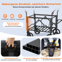 Sekey Kinder-Bollerwagen 7070, faltbar, mit Zwillingsmodus Face-to-Face & Back-to-Back, 80 kg Tragkraft, 5-Punkt-Gurt, 4-Rad-Federung, Sonnendach, Kühltasche & Getränkehalter  Produktbeschreibung