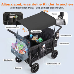 Sekey Kinder-Bollerwagen 7070, faltbar, mit Zwillingsmodus Face-to-Face & Back-to-Back, 80 kg Tragkraft, 5-Punkt-Gurt, 4-Rad-Federung, Sonnendach, Kühltasche & Getränkehalter  Produktbeschreibung