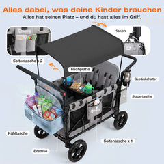 Sekey Kinder-Bollerwagen 7070, faltbar, mit Zwillingsmodus Face-to-Face & Back-to-Back, 80 kg Tragkraft, 5-Punkt-Gurt, 4-Rad-Federung, Sonnendach, Kühltasche & Getränkehalter  Produktbeschreibung