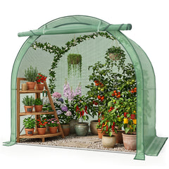 Sekey Foliengewächshaus 200 × 100 × 180 cm, Gewächshaus mit PE-Gitterfolie und 3-Wege-Tür, Tomatenhaus mit Stahlrahmen, Runddach für Balkon, Terrasse & Garten