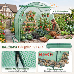 Sekey Foliengewächshaus 200 × 100 × 180 cm, Gewächshaus mit PE-Gitterfolie und 3-Wege-Tür, Tomatenhaus mit Stahlrahmen, Runddach für Balkon, Terrasse & Garten