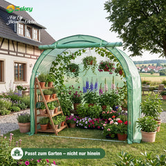 Sekey Foliengewächshaus 200 × 100 × 180 cm, Gewächshaus mit PE-Gitterfolie und 3-Wege-Tür, Tomatenhaus mit Stahlrahmen, Runddach für Balkon, Terrasse & Garten