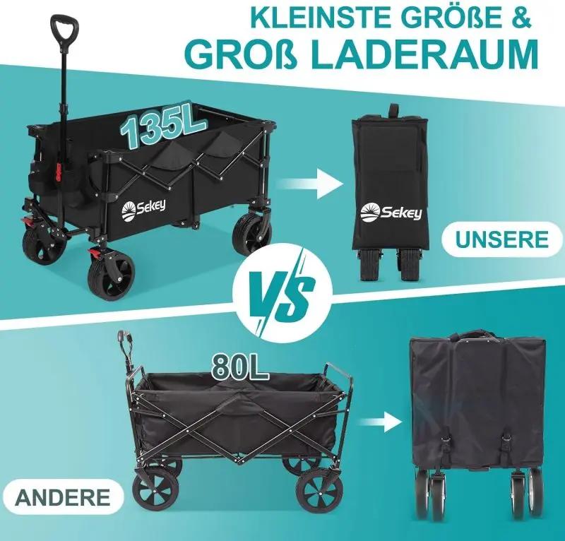Sekey 135L & 200L / 150KG Faltbarer Bollerwagen, Patentiert Zusammenfaltbar aus Vier Richtungen, mit Erweiterbarer Heckklappe Sekey