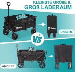 Sekey 135L & 200L / 150KG Faltbarer Bollerwagen, Patentiert Zusammenfaltbar aus Vier Richtungen, mit Erweiterbarer Heckklappe Sekey