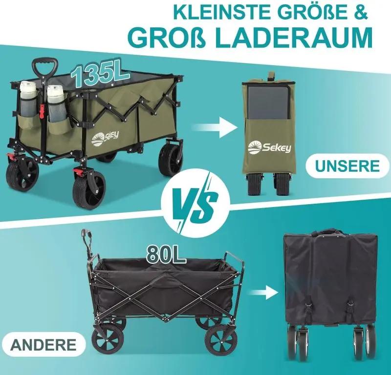 Sekey 135L & 200L / 150KG Faltbarer Bollerwagen, Patentiert Zusammenfaltbar aus Vier Richtungen, mit Erweiterbarer Heckklappe Sekey