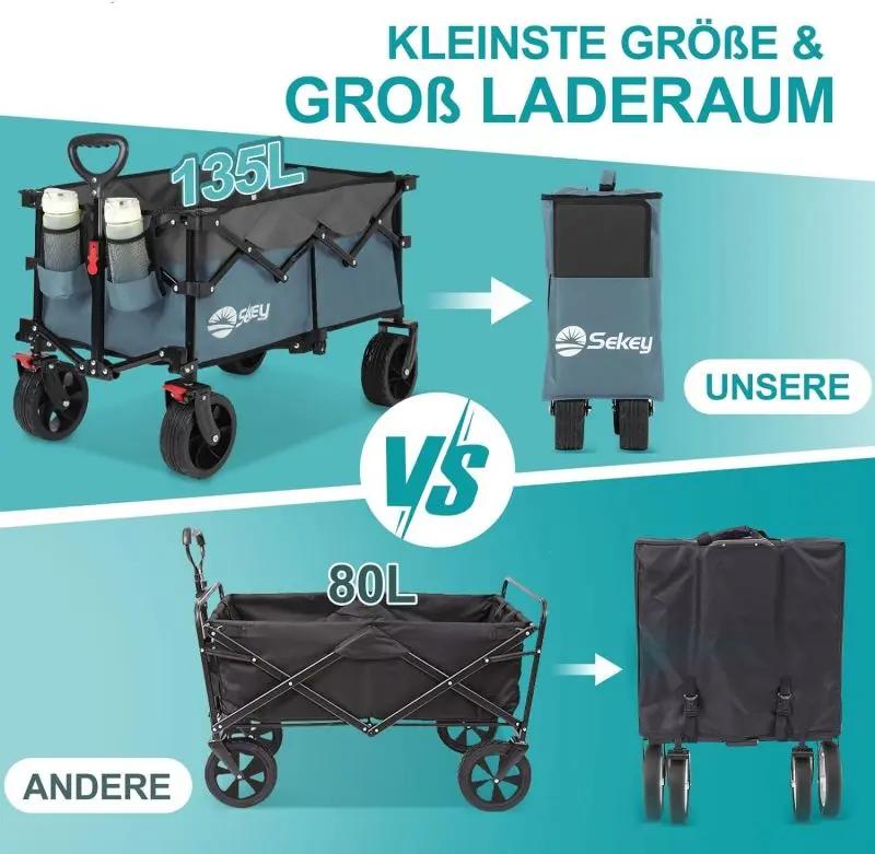 Sekey 135L & 200L / 150KG Faltbarer Bollerwagen, Patentiert Zusammenfaltbar aus Vier Richtungen, mit Erweiterbarer Heckklappe Sekey