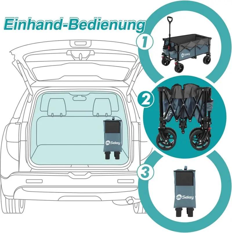 Sekey 135L & 200L / 150KG Faltbarer Bollerwagen, Patentiert Zusammenfaltbar aus Vier Richtungen, mit Erweiterbarer Heckklappe Sekey