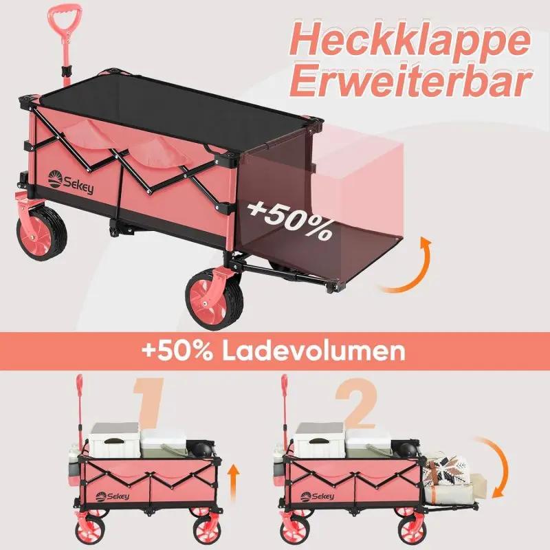 Sekey 135L & 200L / 150KG Faltbarer Bollerwagen, Patentiert Zusammenfaltbar aus Vier Richtungen, mit Erweiterbarer Heckklappe Sekey