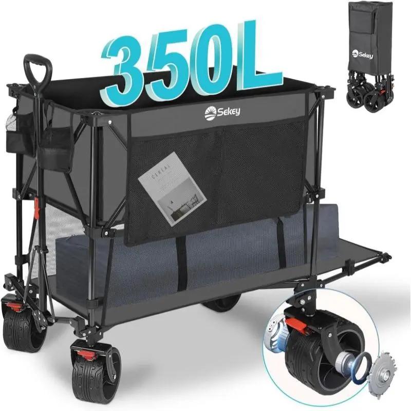 Sekey 350L / 120KG Doppel Faltbarer Bollerwagen, Patentiert Zusammenfaltbar aus Vier Richtungen, mit Bremsen und Extra Breiten Rädern Sekey