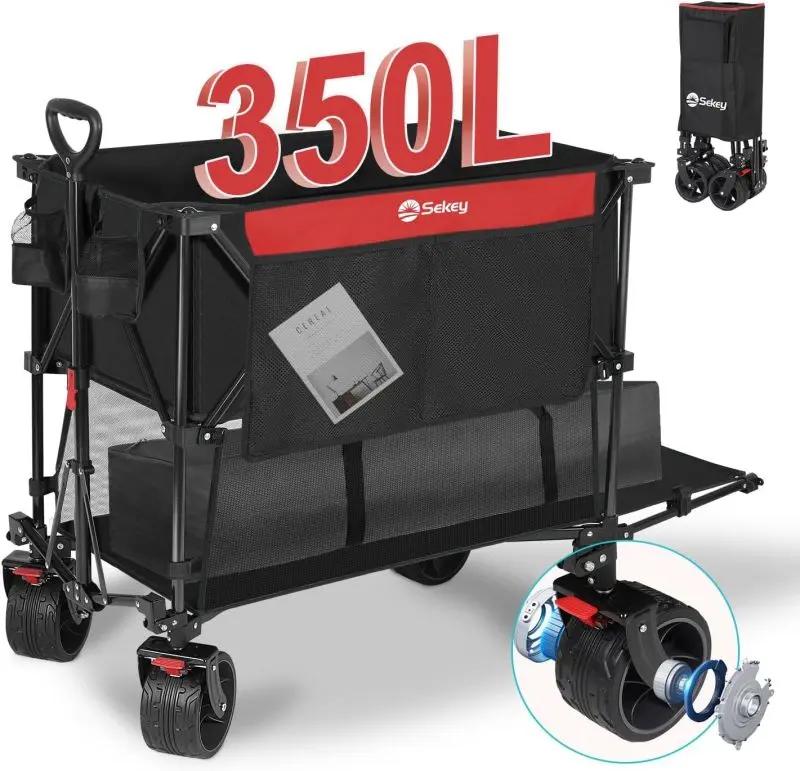 Sekey 350L / 120KG Doppel Faltbarer Bollerwagen, Patentiert Zusammenfaltbar aus Vier Richtungen, mit Bremsen und Extra Breiten Rädern Sekey