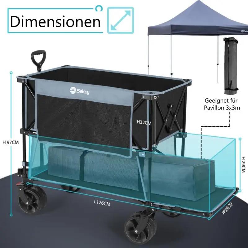 Sekey 350L / 120KG Doppel Faltbarer Bollerwagen, Patentiert Zusammenfaltbar aus Vier Richtungen, mit Bremsen und Extra Breiten Rädern Sekey