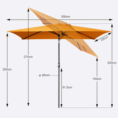 Sekey 300 x 200 cm aluminum parasol with crank, sun protection UV50+