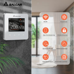 Salcar Smartes WLAN Raumthermostat für elektrische Fußbodenheizung – 16A Thermostat mit LCD-Touchdisplay, Tuya Smart App, App- & Sprachsteuerung, kompatibel mit Amazon Alexa, programmierbar, Weiß