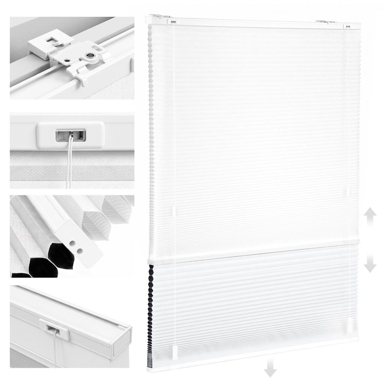 Detailaufnahme von Aluminiumschiene und hochwertigen Kunststoff-Klemmträgern des Sekey Wabenplissees vor weißem Hintergrund für stabile Montage.
