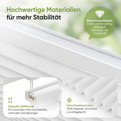 Robuste obere und untere Aluminium-Profilschienen für das Salcar Klemmfix Plissee, stabiler als Kunststoffschienen, reißfestes leicht zu reinigendes Polyestergewebe