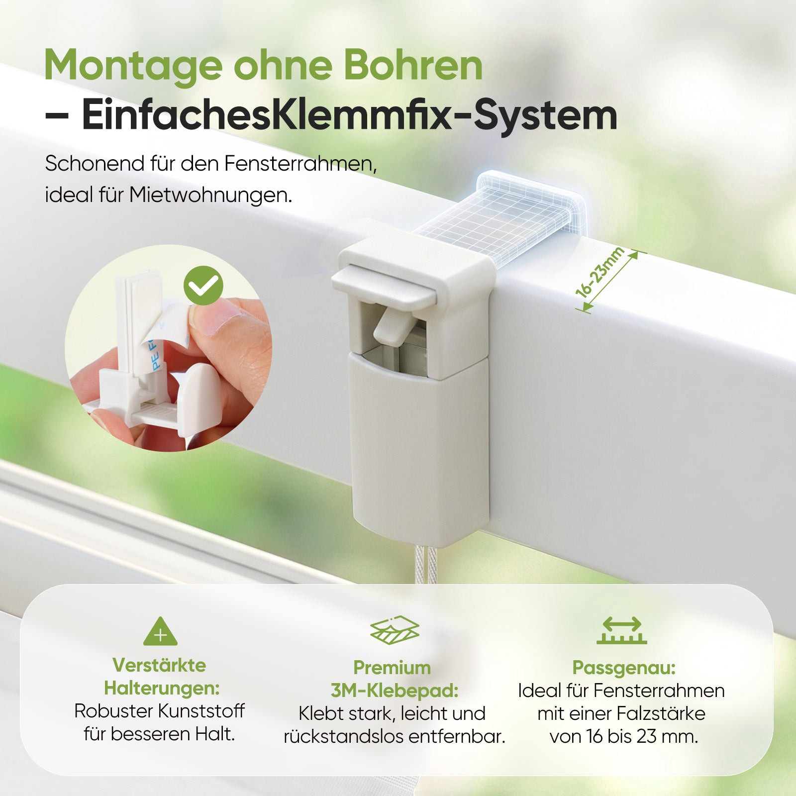 Stabile Klemmfix Montage ohne Bohren mit Klemmträgern und 3M Klebepads, Salcar Plissee passend für Mietwohnungen, Fensterfalzstärke 16-23 mm