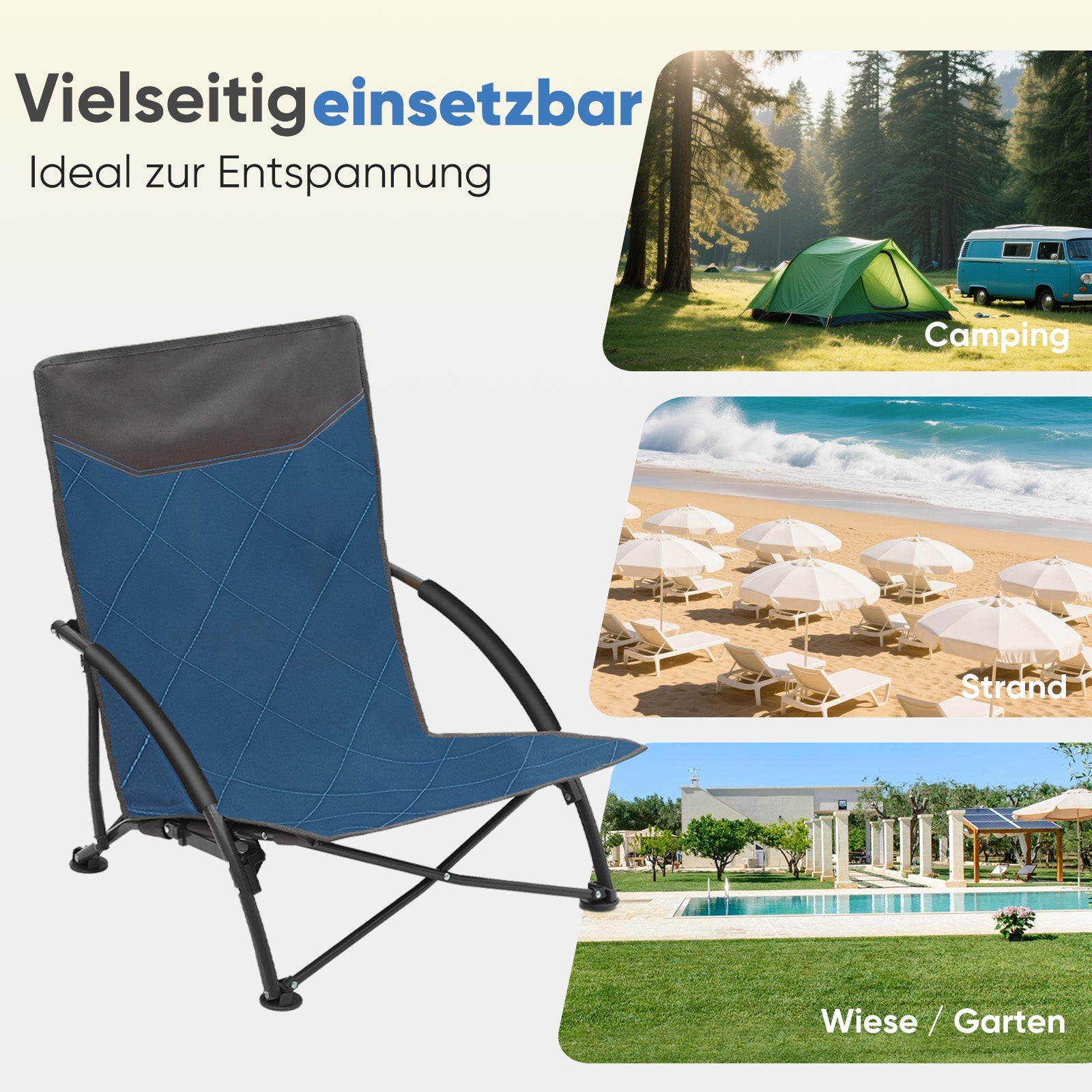 Sekey Faltbarer Strandliegestuhl mit gepolsterten Armlehnen – Leichter Campingstuhl bis 200 kg belastbar Sekey