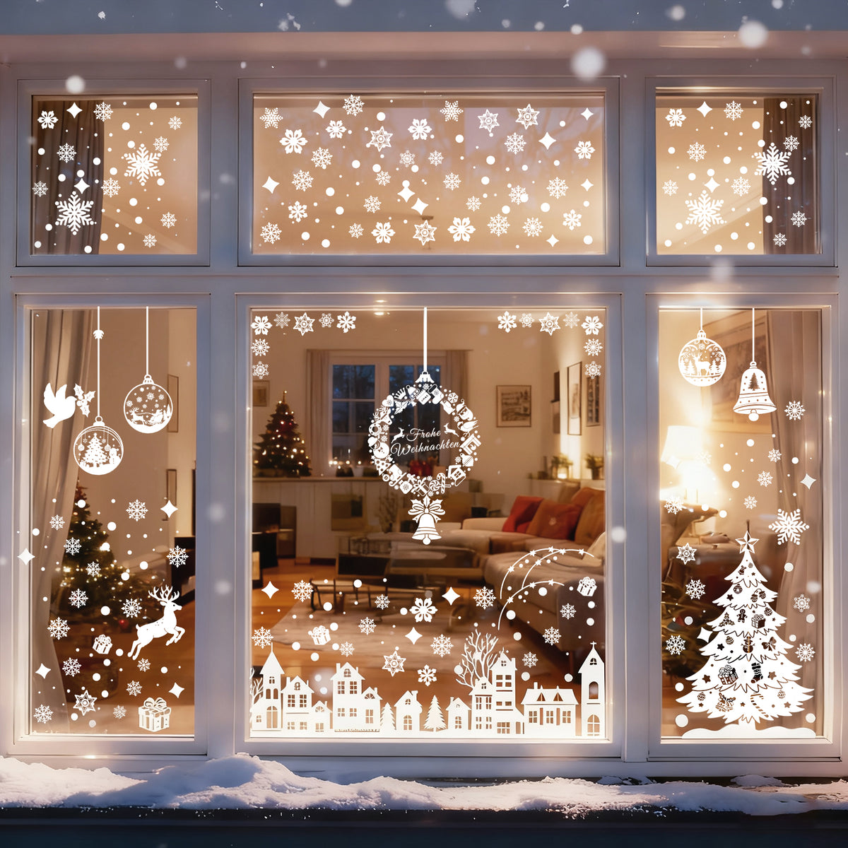 Salcar Fensterbild Weihnachten – Selbstklebende Fensteraufkleber für Winterdeko, Beidseitig sichtbar, Wiederverwendbar – Tannenbäume, Schneeflocken & Rentiere