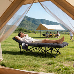Sekey XXL Klappbett 202 × 80 × 45 cm – Extra breites Feldbett mit 7 cm Matratze, Campingbett bis 200 kg, Faltbares Gästebett mit Seitentasche aus Oxford-Gewebe für Camping, Garten & Outdoor