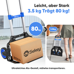 Sekey Klappbare Sackkarre Ultraleicht (3,5 kg), 80 kg Tragkraft, 3-stufig höhenverstellbar, Aluminium Transportkarre mit TPR-Rädern & ergonomischem Griff
